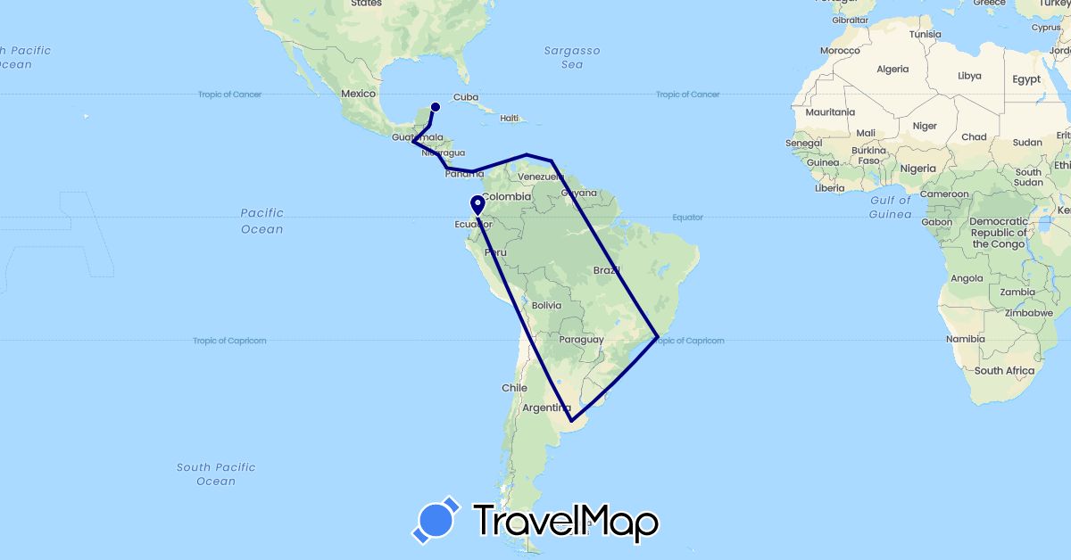 TravelMap itinerary: driving in Argentina, Brazil, Belize, Costa Rica, Ecuador, Guatemala, Mexico, Nicaragua, Netherlands, Panama, Venezuela (Europe, North America, South America)