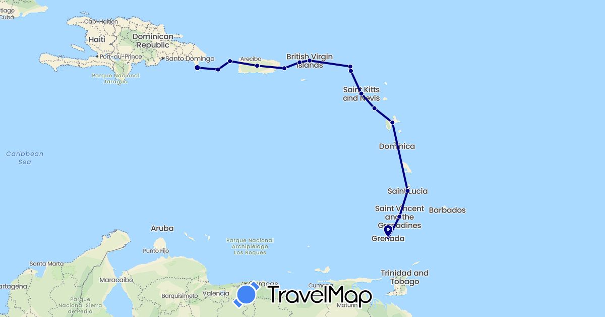 TravelMap itinerary: driving in Anguilla, Dominican Republic, France, Grenada, Saint Kitts and Nevis, Saint Lucia, Montserrat, Netherlands, United States, Saint Vincent and the Grenadines, British Virgin Islands (Europe, North America)