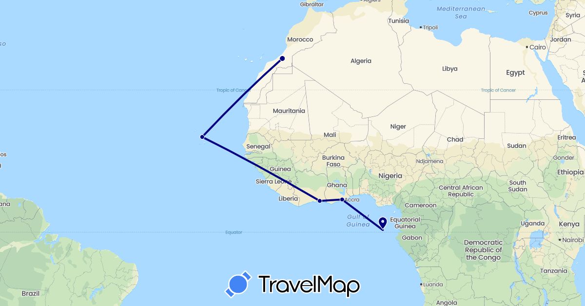TravelMap itinerary: driving in Côte d'Ivoire, Cape Verde, Ghana, Morocco, São Tomé and Príncipe (Africa)